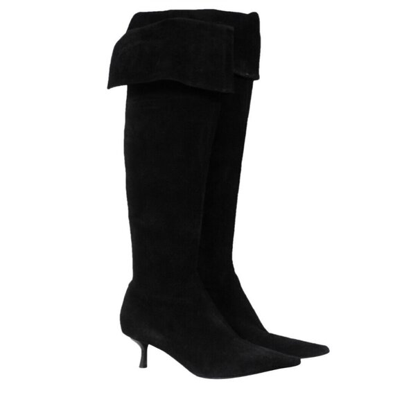 Fendi Womens Over The Knee Pointed Toe Booties US 8 EU 38 Black Suede Side Zip